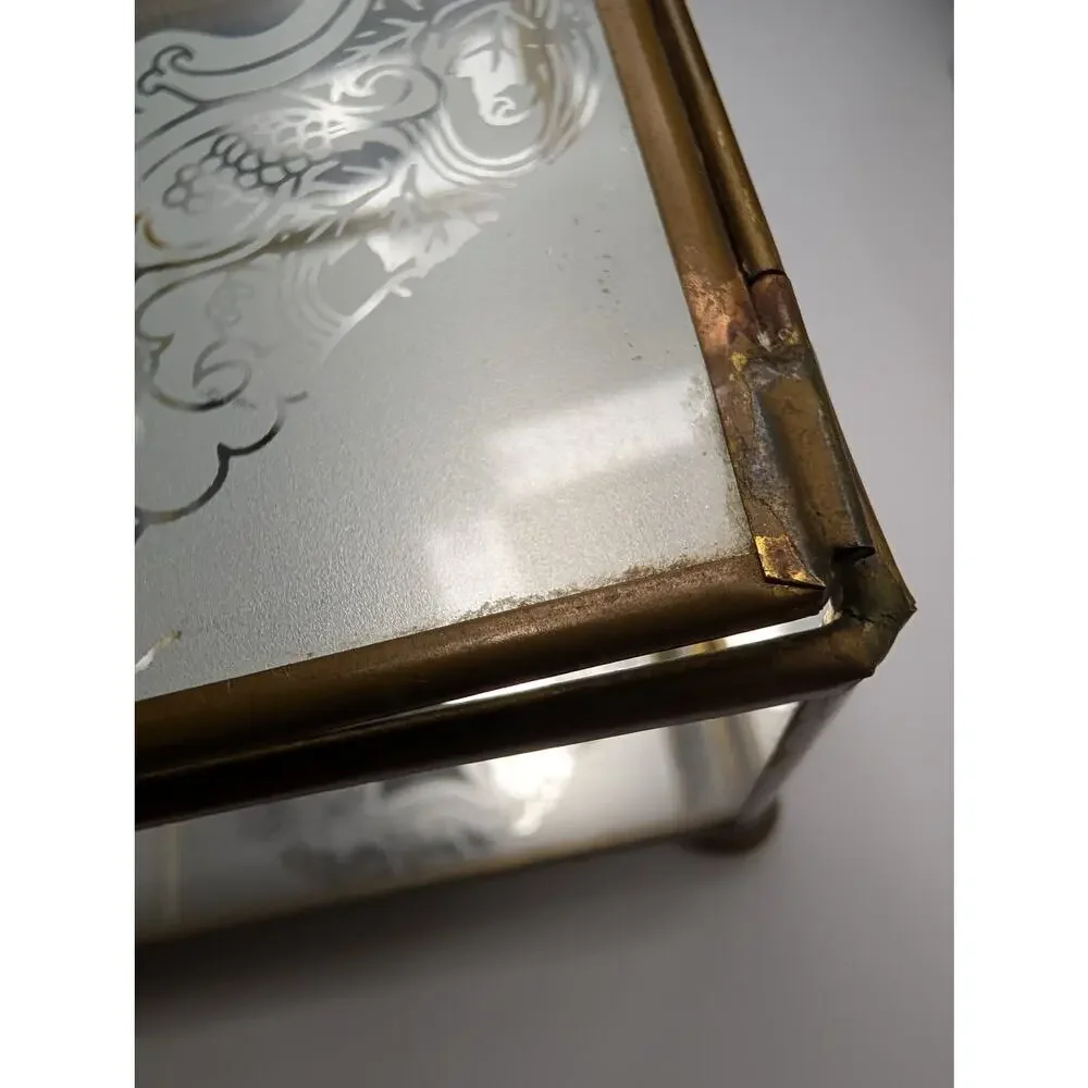 Vintage Brass & Etched Frosted Glass Display Box Trinket Jewelry Casket Vanity